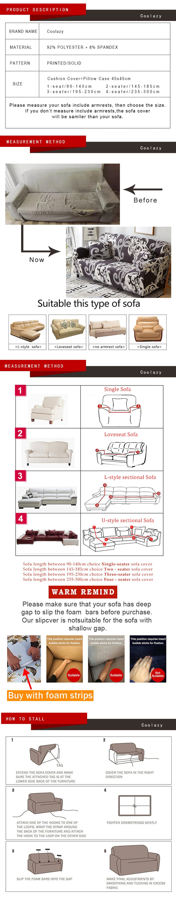 Stretch Sofa Cover for Living Room Couch, L shape Armchair - Single/Two/Three seat